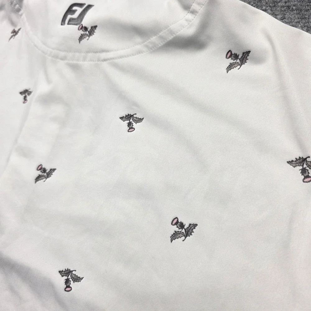 FootJoy Men's Medium ProDry Thistle‎ Print Golf White Polo Shirt Short Sleeve